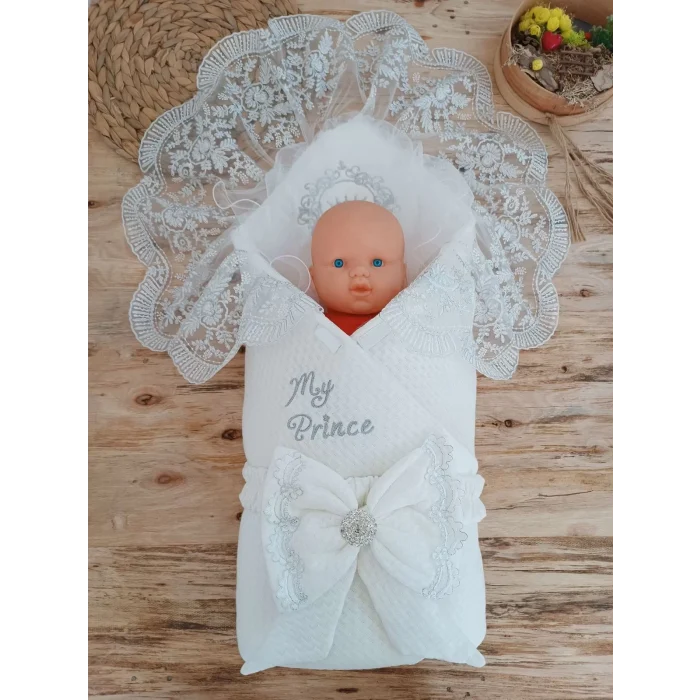 Luz&Pos Yenidoğan Pamuk Taç Benim Prensim Nakışlı Trilüks Kundak Bebek Battaniyesi Ekru