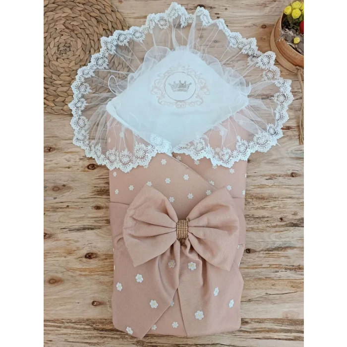 Luz&Pos Yenidoğan Papatya Desenli Trilüks Unisex Kundak Bebek Battaniyesi Kahverengi