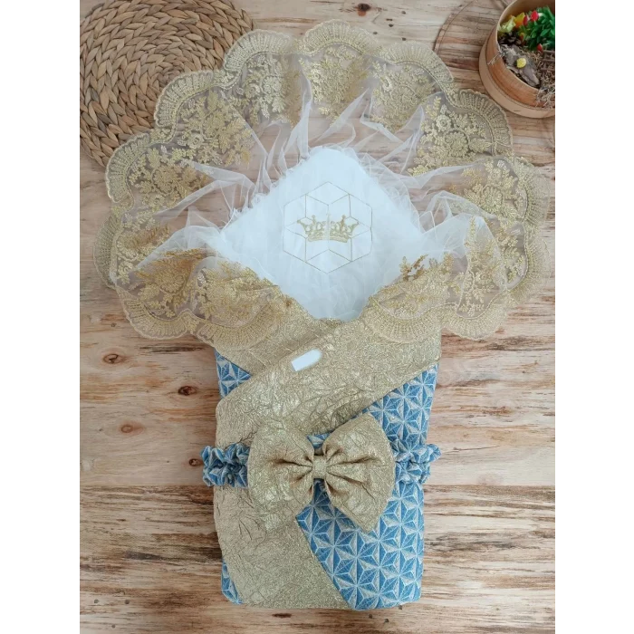 Luz&Pos Yenidoğan Piramit Desenli Güpür İşlemeli Bebek Battaniyesi Kundak Gold