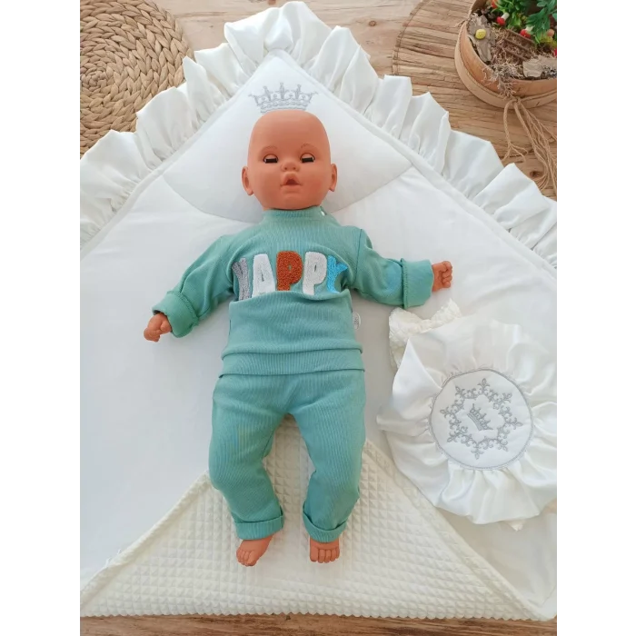 Luz&Pos Yenidoğan Piramitland Soft Taç Nakışlı Bebek Battaniyesi Kundak Krem