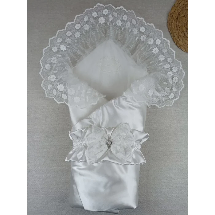 Luz&Pos Yenidoğan Pırıltı Taç Nakışlı Trilüks Kundak Bebek Battaniyesi Ekru