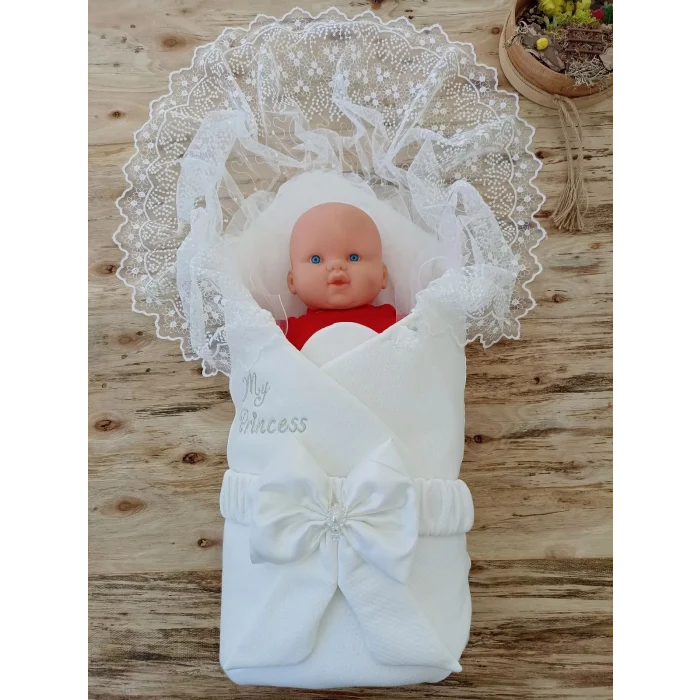 Luz&Pos Yenidoğan Sahra My Princess Nakışlı Lüks Kundak Bebek Battaniyesi Ekru