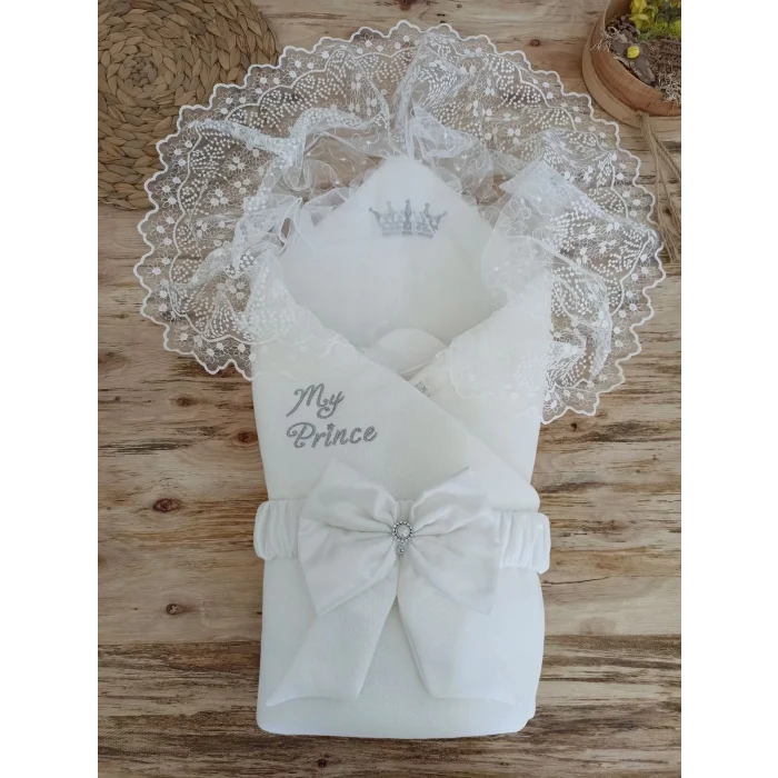 Luz&Pos Yenidoğan Sahra Taç Benim Prensim Nakışlı Kundak Bebek Battaniyesi Ekru