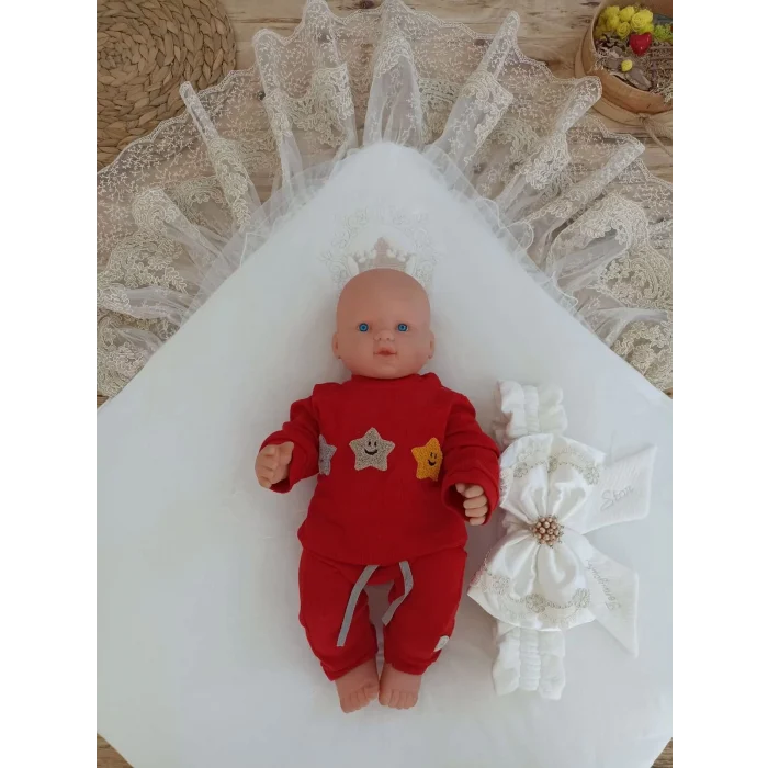 Luz&Pos Yenidoğan Sahra Taç Nakışlı Plazma Taşlı Güpürlü Fiyonklu Duvaklı Trilüks Kundak Bebek Battaniyesi Sütlü Kahve