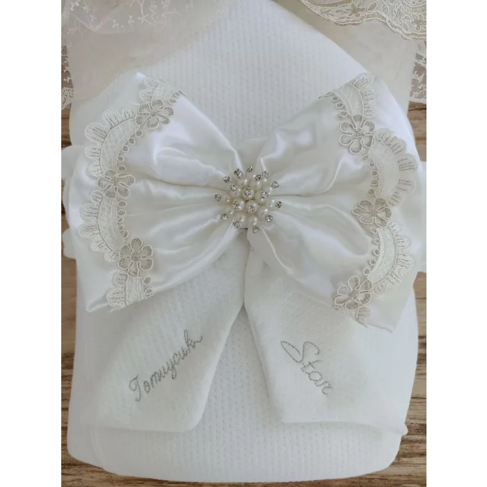 Luz&Pos Yenidoğan Sahra Taç Nakışlı Plazma Taşlı Güpürlü Fiyonklu Duvaklı Trilüks Kundak Bebek Battaniyesi Ekru