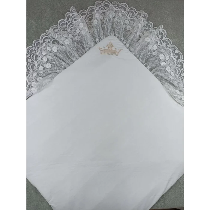 Luz&Pos Yenidoğan Saray Kadife Taç Nakışlı İnci Fiyonklu Çift Dantel Duvak Trilüks Kundak Bebek Battaniyesi Vizon-ekru