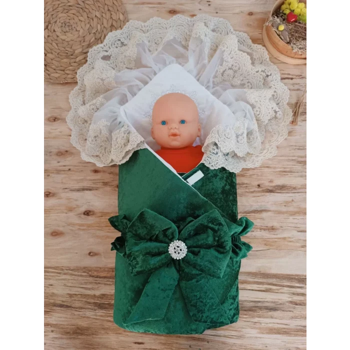 Luz&Pos Yenidoğan Saray Kadife Taç Nakışlı İnci Fiyonklu Çift Dantel Duvak Trilüks Kundak Bebek Battaniyesi Yeşil