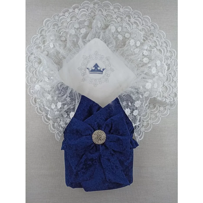 Luz&Pos Yenidoğan Saray Kadife Taç Nakışlı İnci Fiyonklu Çift Dantel Duvak Trilüks Kundak Bebek Battaniyesi Lacivert