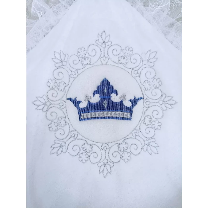 Luz&Pos Yenidoğan Saray Kadife Taç Nakışlı İnci Fiyonklu Çift Dantel Duvak Trilüks Kundak Bebek Battaniyesi Lacivert