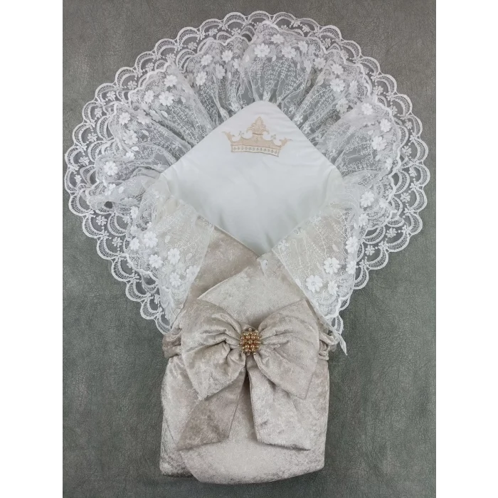 Luz&Pos Yenidoğan Saray Kadife Taç Nakışlı İnci Fiyonklu Çift Dantel Duvak Trilüks Kundak Bebek Battaniyesi Vizon-ekru