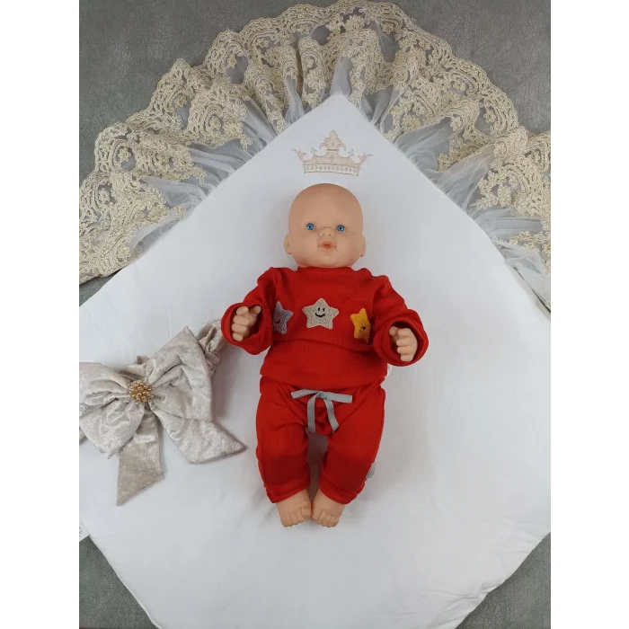 Luz&Pos Yenidoğan Saray Kadife Taç Nakışlı İnci Fiyonklu Çift Dantel Duvak Trilüks Kundak Bebek Battaniyesi Vizon-gold