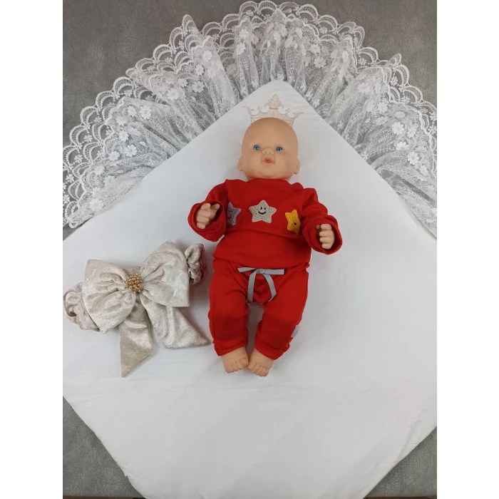 Luz&Pos Yenidoğan Saray Kadife Taç Nakışlı İnci Fiyonklu Çift Dantel Duvak Trilüks Kundak Bebek Battaniyesi Vizon-ekru