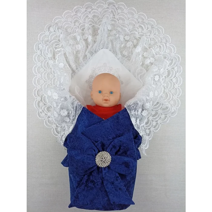 Luz&Pos Yenidoğan Saray Kadife Taç Nakışlı İnci Fiyonklu Çift Dantel Duvak Trilüks Kundak Bebek Battaniyesi Lacivert