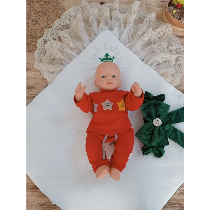 Luz&Pos Yenidoğan Saray Kadife Taç Nakışlı İnci Fiyonklu Çift Dantel Duvak Trilüks Kundak Bebek Battaniyesi Yeşil