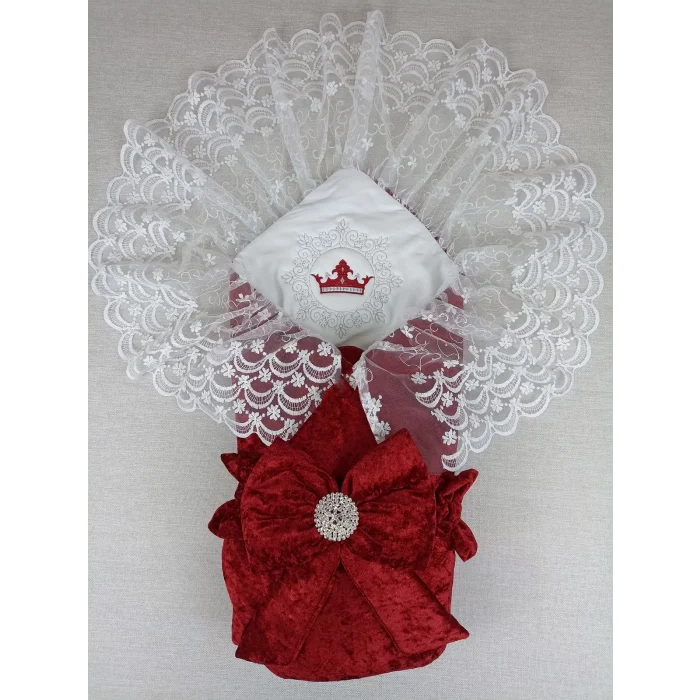 Luz&Pos Yenidoğan Saray Kadife Taç Nakışlı İnci Fiyonklu Dantel Duvak Trilüks Kundak Bebek Battaniye Bordo