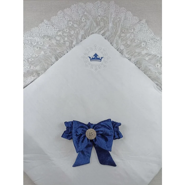 Luz&Pos Yenidoğan Saray Kadife Taç Nakışlı İnci Fiyonklu Dantel Duvak Trilüks Kundak Bebek Battaniye Lacivert