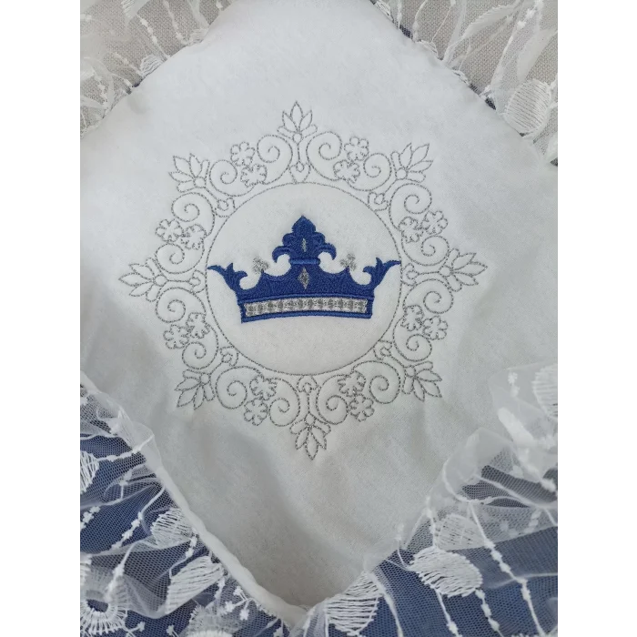 Luz&Pos Yenidoğan Saray Kadife Taç Nakışlı İnci Fiyonklu Dantel Duvak Trilüks Kundak Bebek Battaniye Lacivert