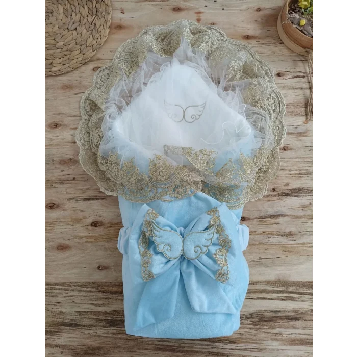 Luz&Pos Yenidoğan Soft Kumru Melek Kanat Fiyonklu Gold Çift Dantel Duvaklı Trilüks Kundak Bebek Battaniyesi Mavi
