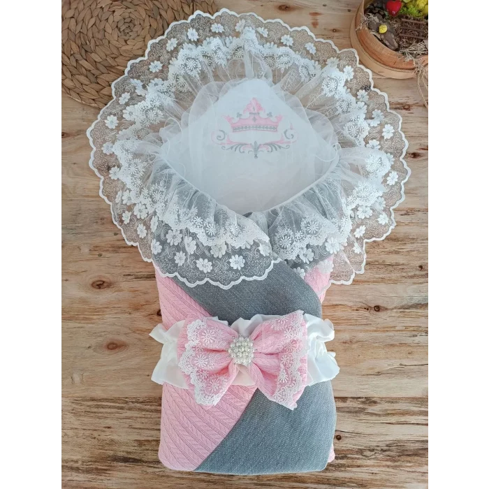Luz&Pos Yenidoğan Teri Cotton Taç Nakışlı Prizma Taş Kundak Bebek Battaniyesi Pembe