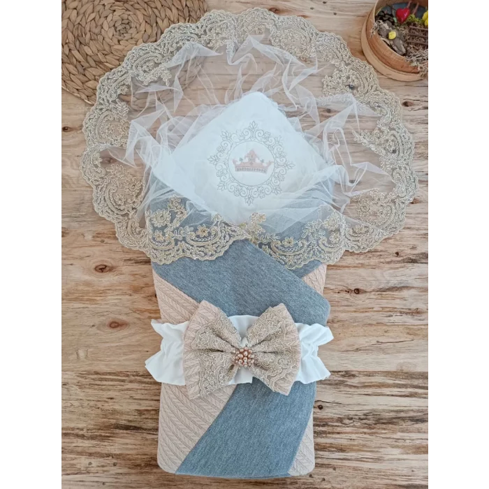 Luz&Pos Yenidoğan Teri Cotton Taç Nakışlı Prizma Taş Kundak Bebek Battaniyesi Bej