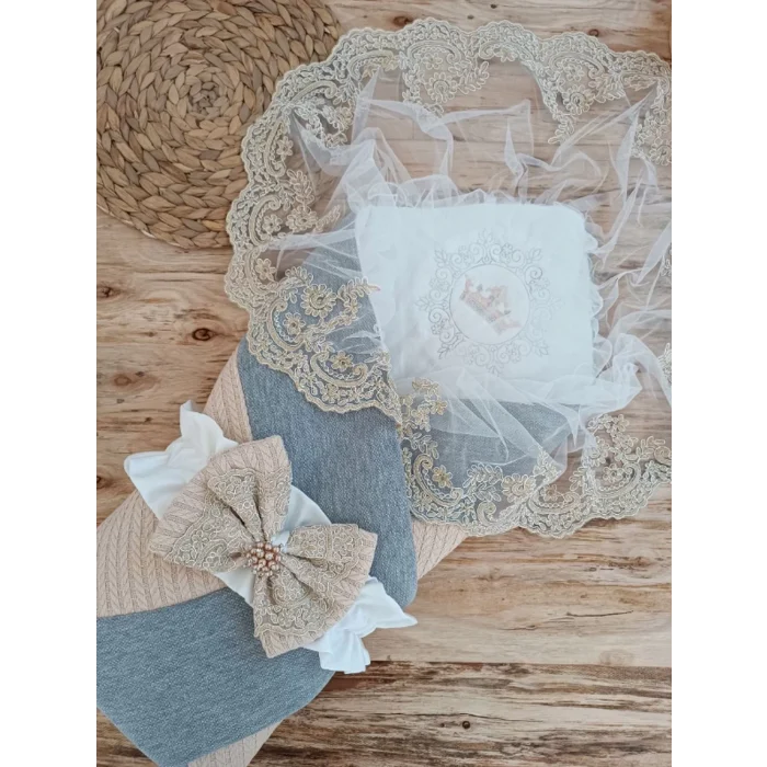 Luz&Pos Yenidoğan Teri Cotton Taç Nakışlı Prizma Taş Kundak Bebek Battaniyesi Bej