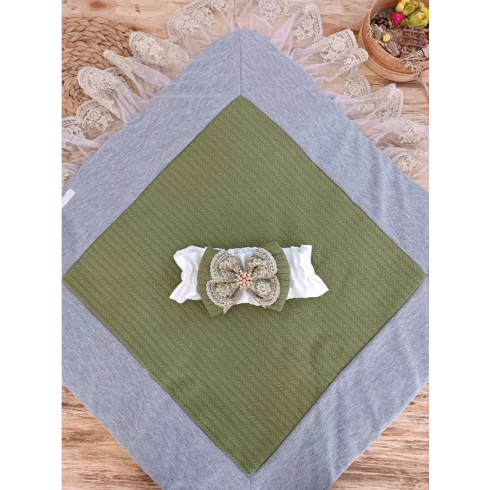 Luz&Pos Yenidoğan Teri Cotton Taç Nakışlı Prizma Taş Kundak Bebek Battaniyesi Yeşil