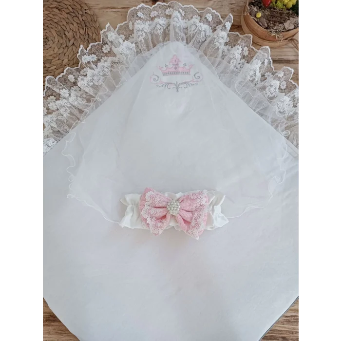 Luz&Pos Yenidoğan Teri Cotton Taç Nakışlı Prizma Taş Kundak Bebek Battaniyesi Pembe