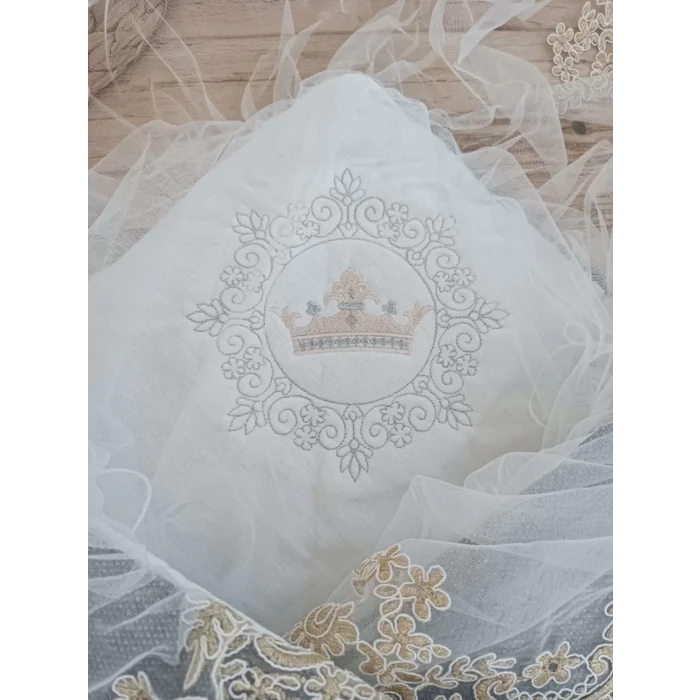 Luz&Pos Yenidoğan Teri Cotton Taç Nakışlı Prizma Taş Kundak Bebek Battaniyesi Bej