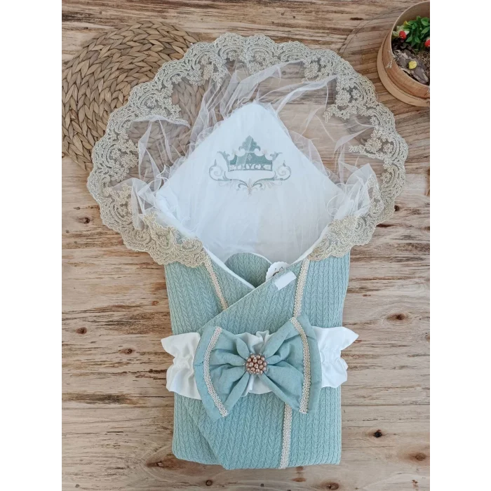 Luz&Pos Yenidoğan Tericotton Örgülü Trilüx Bebek Battaniyesi Kundak Yeşil