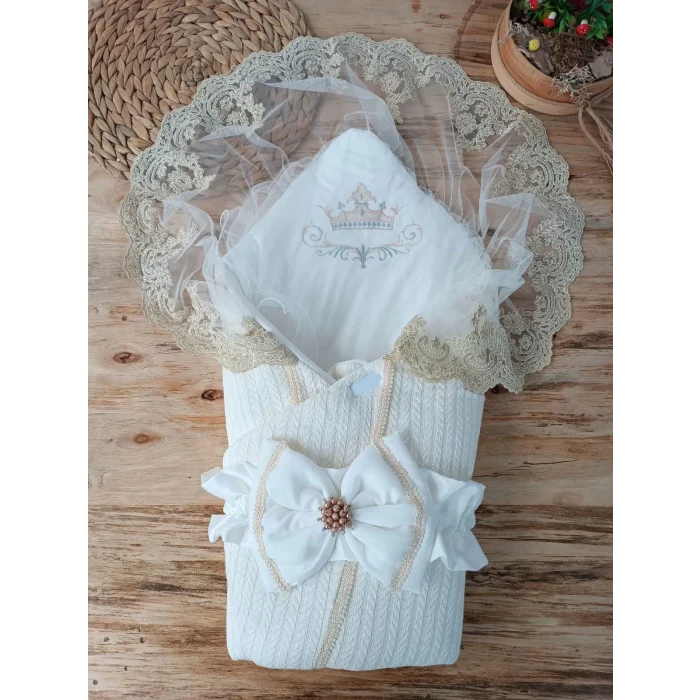 Luz&Pos Yenidoğan Tericotton Örgülü Trilüx Bebek Battaniyesi Kundak Ekru