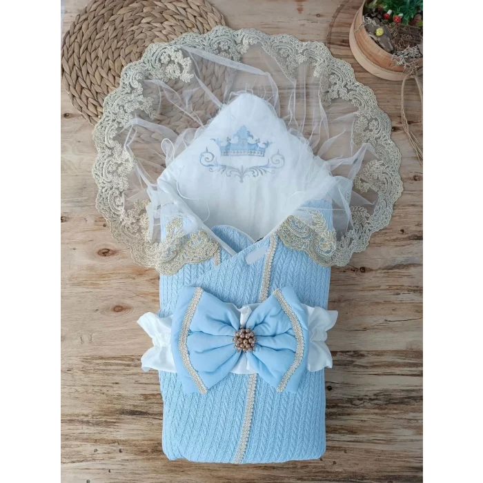 Luz&Pos Yenidoğan Tericotton Örgülü Trilüx Bebek Battaniyesi Kundak Mavi