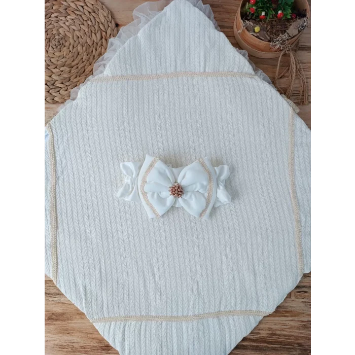 Luz&Pos Yenidoğan Tericotton Örgülü Trilüx Bebek Battaniyesi Kundak Ekru