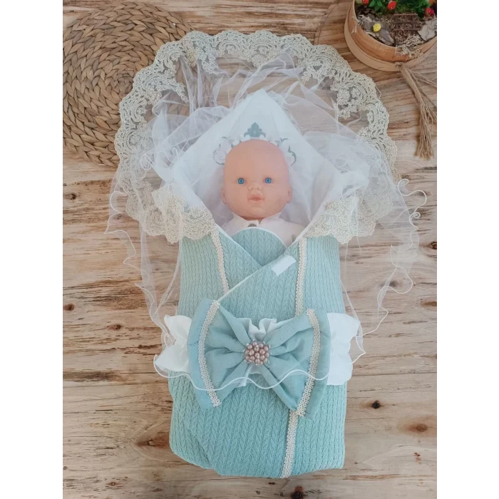 Luz&Pos Yenidoğan Tericotton Örgülü Trilüx Bebek Battaniyesi Kundak Yeşil