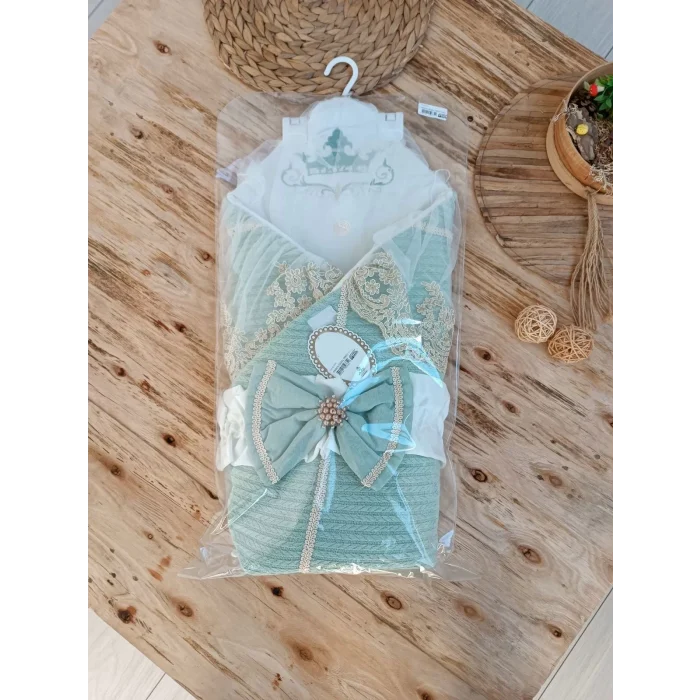Luz&Pos Yenidoğan Tericotton Örgülü Trilüx Bebek Battaniyesi Kundak Yeşil