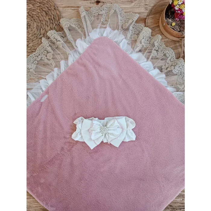Luz&Pos Yenidoğan Wool Yün Kumaş Taç Nakışlı Güpür Duvaklı Fiyonk Prizma Taş Unisex Kundak Bebek Battaniyesi Pembe