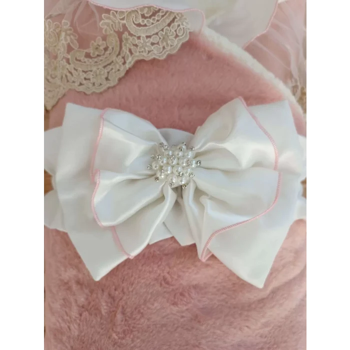 Luz&Pos Yenidoğan Wool Yün Kumaş Taç Nakışlı Güpür Duvaklı Fiyonk Prizma Taş Unisex Kundak Bebek Battaniyesi Pembe