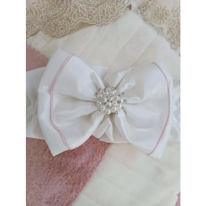 Luz&Pos Yenidoğan Wool Yün Kumaş Taç Nakışlı Güpür Duvaklı Fiyonk Prizma Taş Unisex Kundak Bebek Battaniyesi Pembe