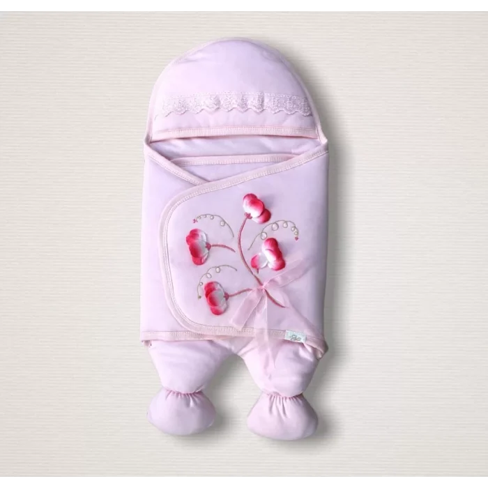 Luz&Pos Yenidoğan Yapay Çiçek İşlemeli Şapkalı Lüks Kız Bebek Ayaklı Kundak Bebek Battaniyesi Pembe
