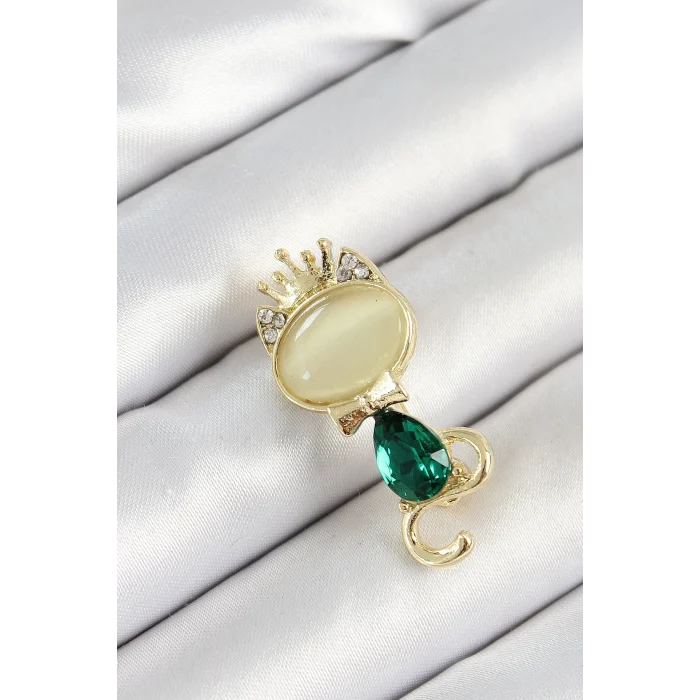 Yeşil Damla Zirkon Taşlı Kraliçe Taçlı Kedi Figürlü Gold Renk Kadın Broş