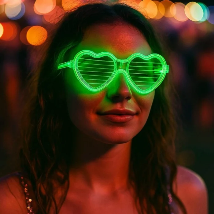 Yeşil LED Işıklı Kalp Gözlük – 3 Modlu Parti