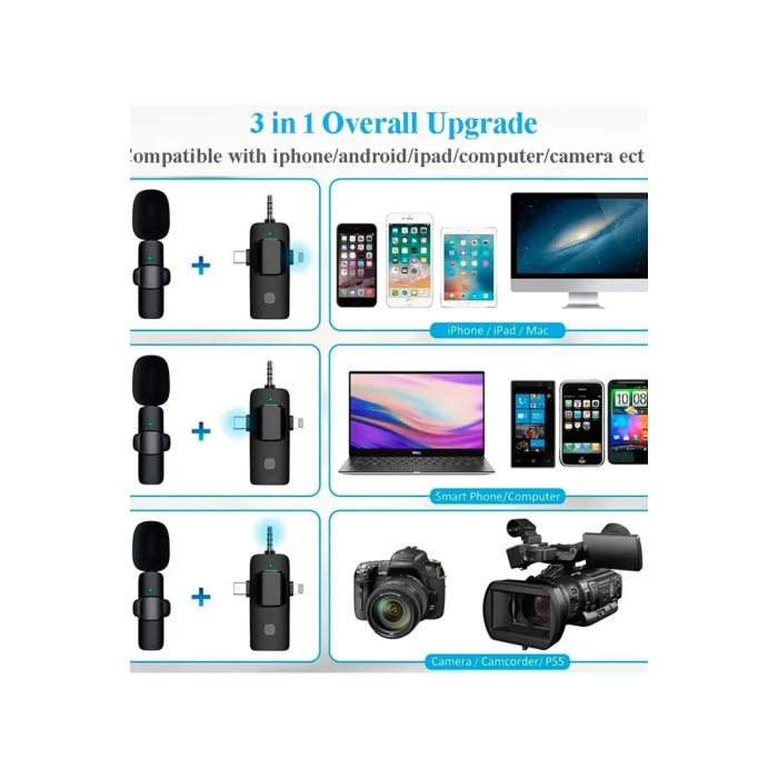 Yüksek Kalite Profesyonel 3 In 1 Kablosuz Taşınabilir Yaka Mikrofonu Youtube Facebook Tiktok