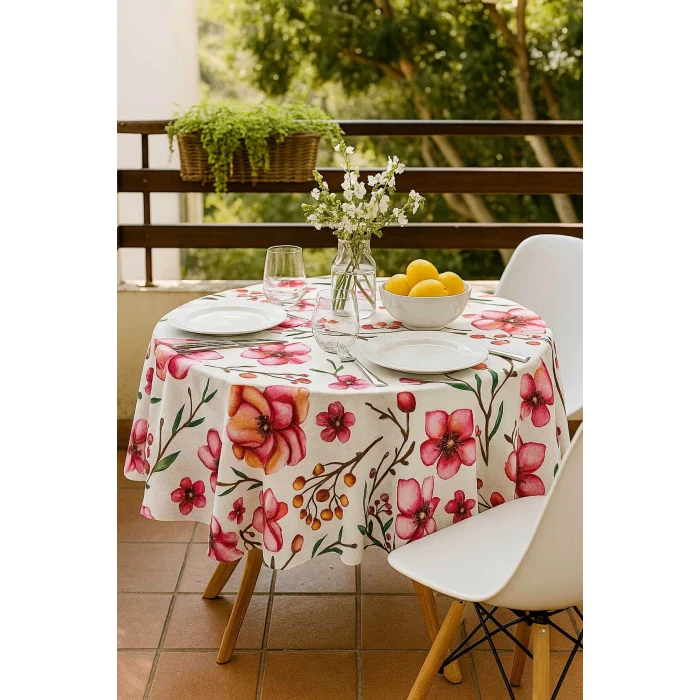 Yuvarlak Çiçek Desenli Duck Kumaş Masa Örtüsü 150x150 Cm