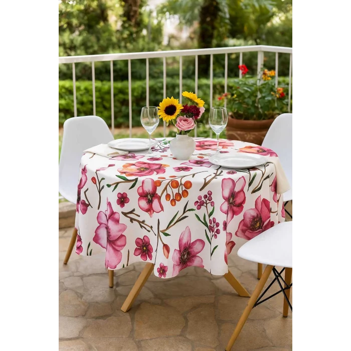 Yuvarlak Çiçek Desenli Duck Kumaş Masa Örtüsü 150x150 Cm