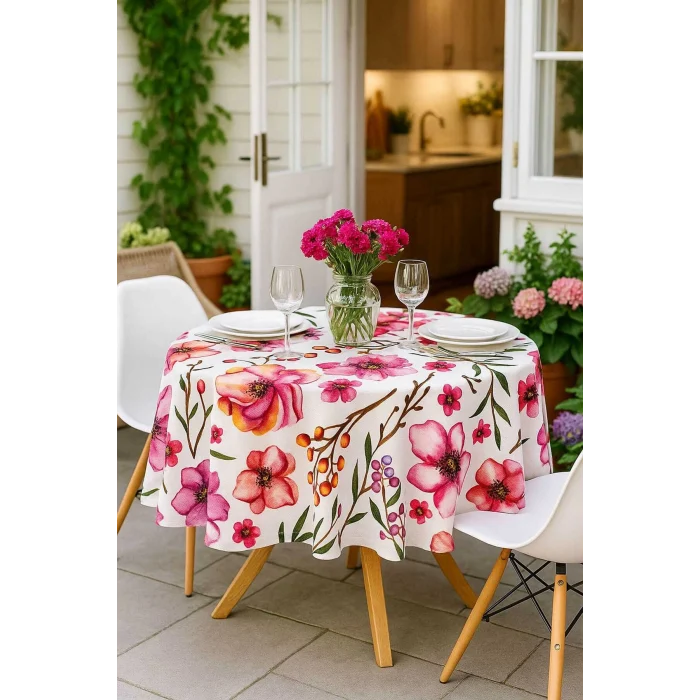 Yuvarlak Çiçek Desenli Duck Kumaş Masa Örtüsü 150x150 Cm