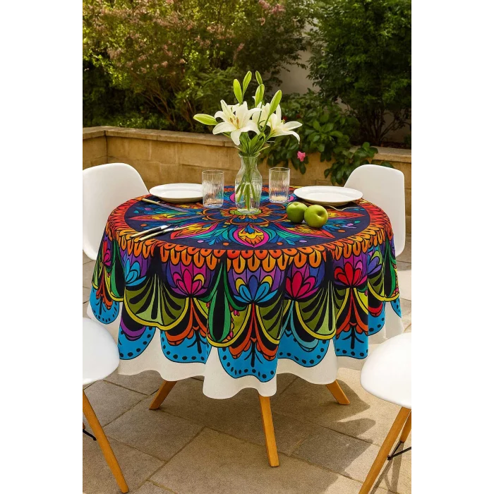 Yuvarlak Etnik Desenli Duck Kumaş Masa Örtüsü 150X150 Cm