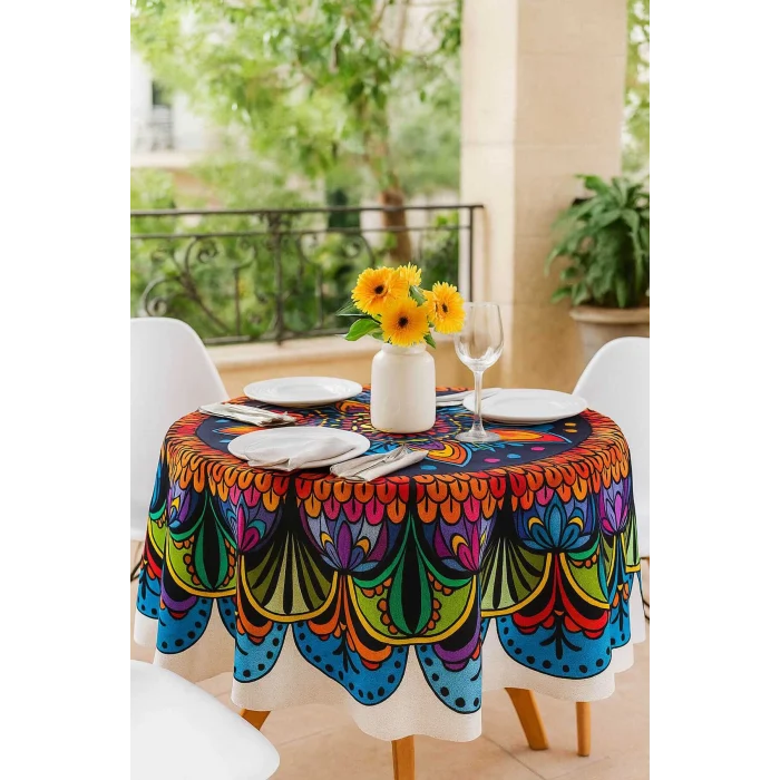 Yuvarlak Etnik Desenli Duck Kumaş Masa Örtüsü 150X150 Cm