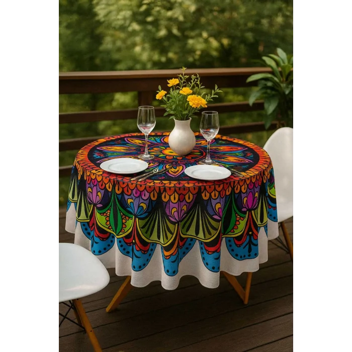 Yuvarlak Etnik Desenli Duck Kumaş Masa Örtüsü 150X150 Cm