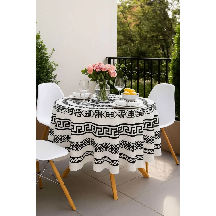Yuvarlak Geometrik Siyah Desenli Duck Kumaş Masa Örtüsü 150x150 Cm