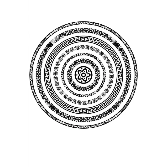 Yuvarlak Geometrik Siyah Desenli Duck Kumaş Masa Örtüsü 150x150 Cm