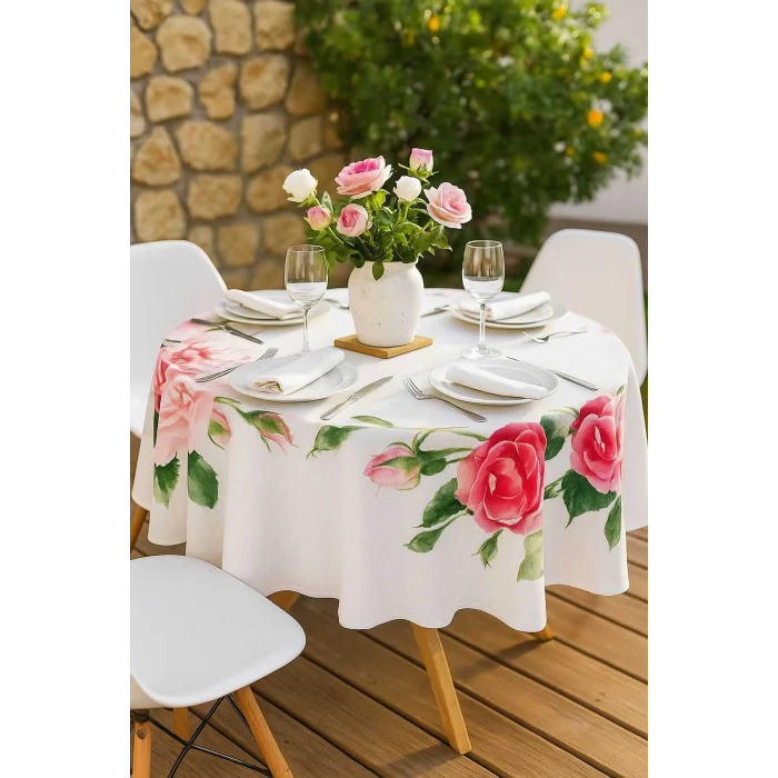 Yuvarlak Gül Desenli Duck Kumaş Masa Örtüsü 150x150 Cm